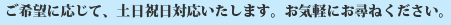 ご希望に応じて、土日祝日対応いたします。お気軽にお尋ねください。